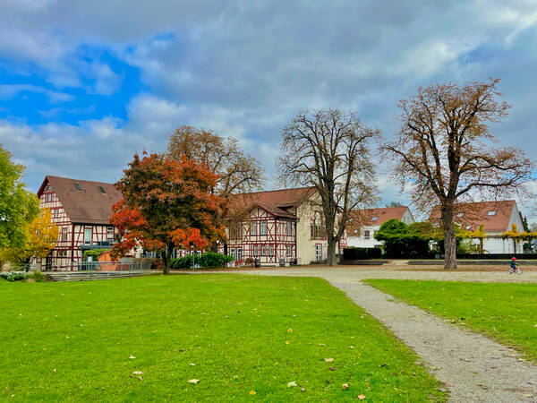 025_003 In einer Parkanlage steht ein großes historisches Fachwerkhaus
