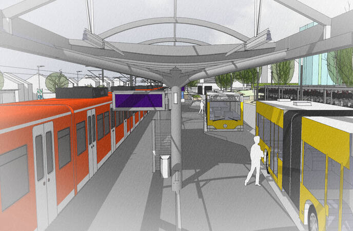 Entwurfsskizze des Büros Baldauf / zukünftiger Bahnhof - Blick auf den Bahnsteig mit Überdachung 