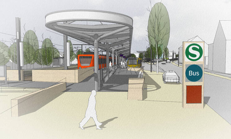 Entwurfsskizze des Büros Baldauf / zukünftiger Bahnhof mit multimodalem Verkehrsknotenpunkt