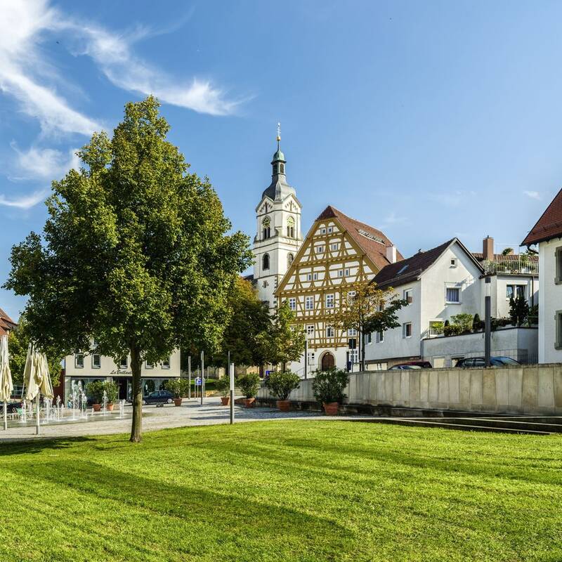 Ein grüner Park mit Bäumen und ungenutzten Sonnenschirmen liegt vor einer historischen Kirche und Fachwerkhäusern unter einem blauen Himmel.