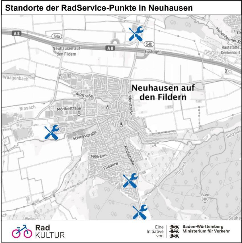 Die Karte zeigt die Standorte der RadService-Punkte in Neuhausen auf den Fildern, gekennzeichnet durch blaue Werkzeugsymbole.