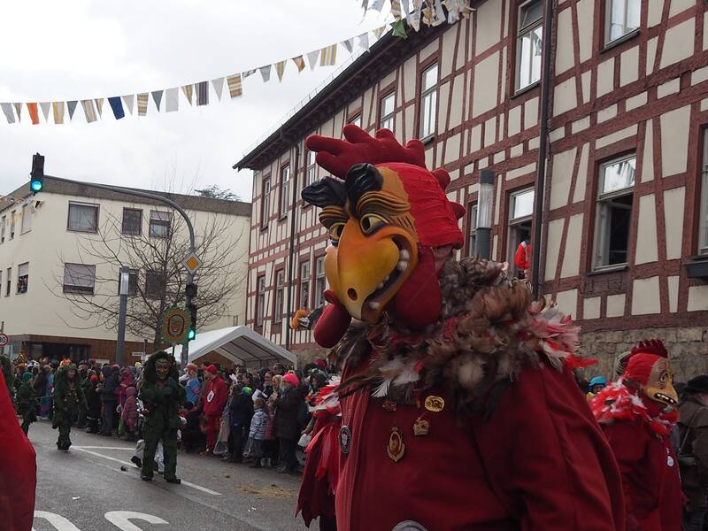Eine Person in einem bunten Kostüm mit einem auffälligen Hahnenkopf-Maskenkopf steht während eines Festes auf einer Straße, umgeben von Zuschauern.